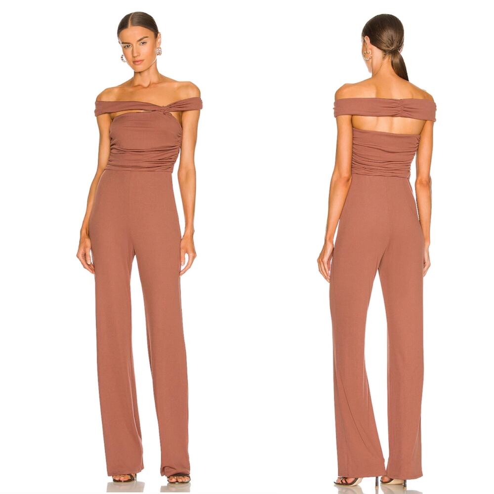 Camila Coelho Teaghan Jumpsuit Ribbed Jersey‎ Off Shoulder Brown Sz M